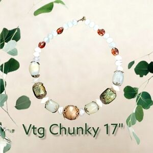 VINTAGE Chunky 17" Bead and Stone Necklace Greens White Copper Colors